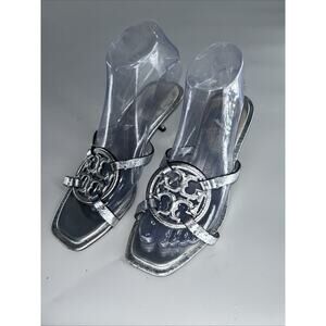 TORY BURCH MILLER BOMBE LOW HEEL 55MM SLIDE SANDAL SILVER HEELS SIZE 7.5 Read